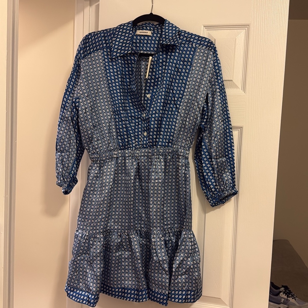 Sandro Blue Geometric Print Shirt Dress